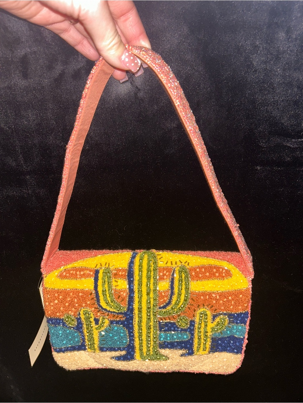 Beaded Cactus Sunset Shoulder Bag - Coral Yellow Multicolor